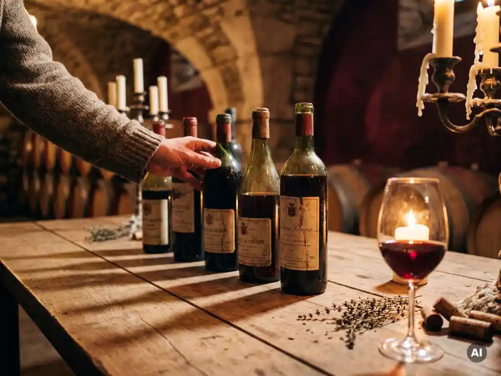 Hand reikt naar een rij wijnflessen op rustieke houten tafel, met een glas robijnrode wijn op de voorgrond bij kaarslicht.